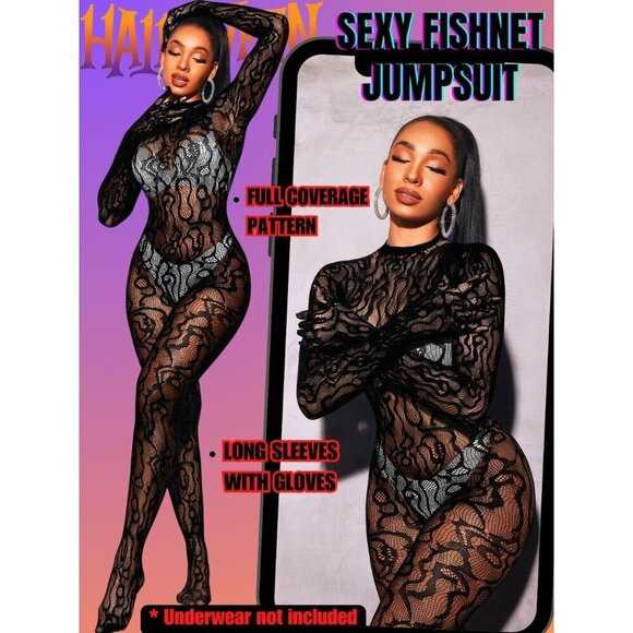 🆕Women Black Sexy Fishnet Full Mesh Jumpsuit Body Stockings Halloween Costume - Picture 2 of 7